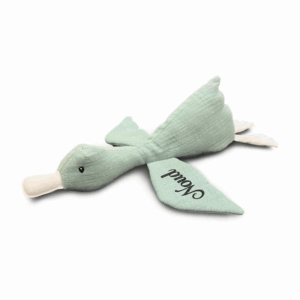 Knuffeltje Eend oudgroen met naam en geboortedatum geborduurd personaliseren - vooraanzicht